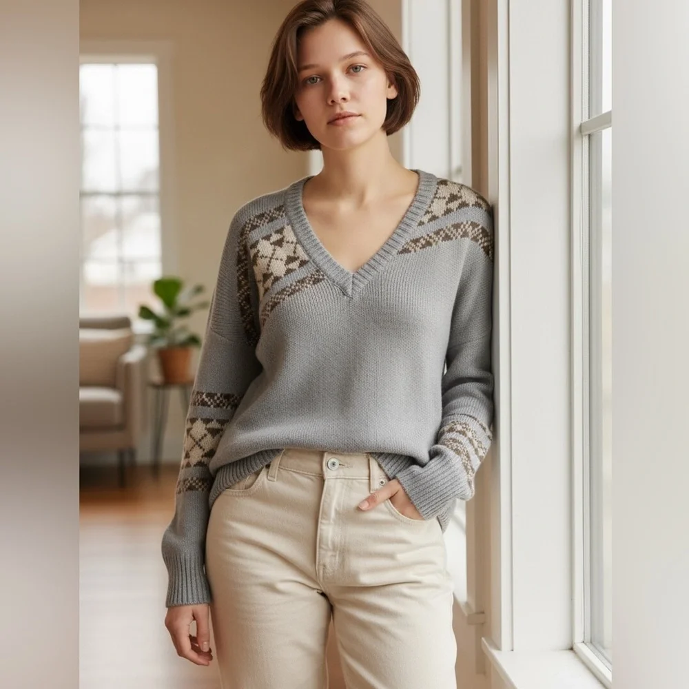 Skull Cashmere Lilian V-Neck Alpaca Wool Fair Isle Print Sweater Sz M - Picture 2 of 16